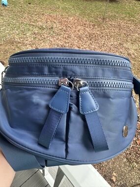 I&R Ash Blue Crossbody Bag with Dual Zip Compartments